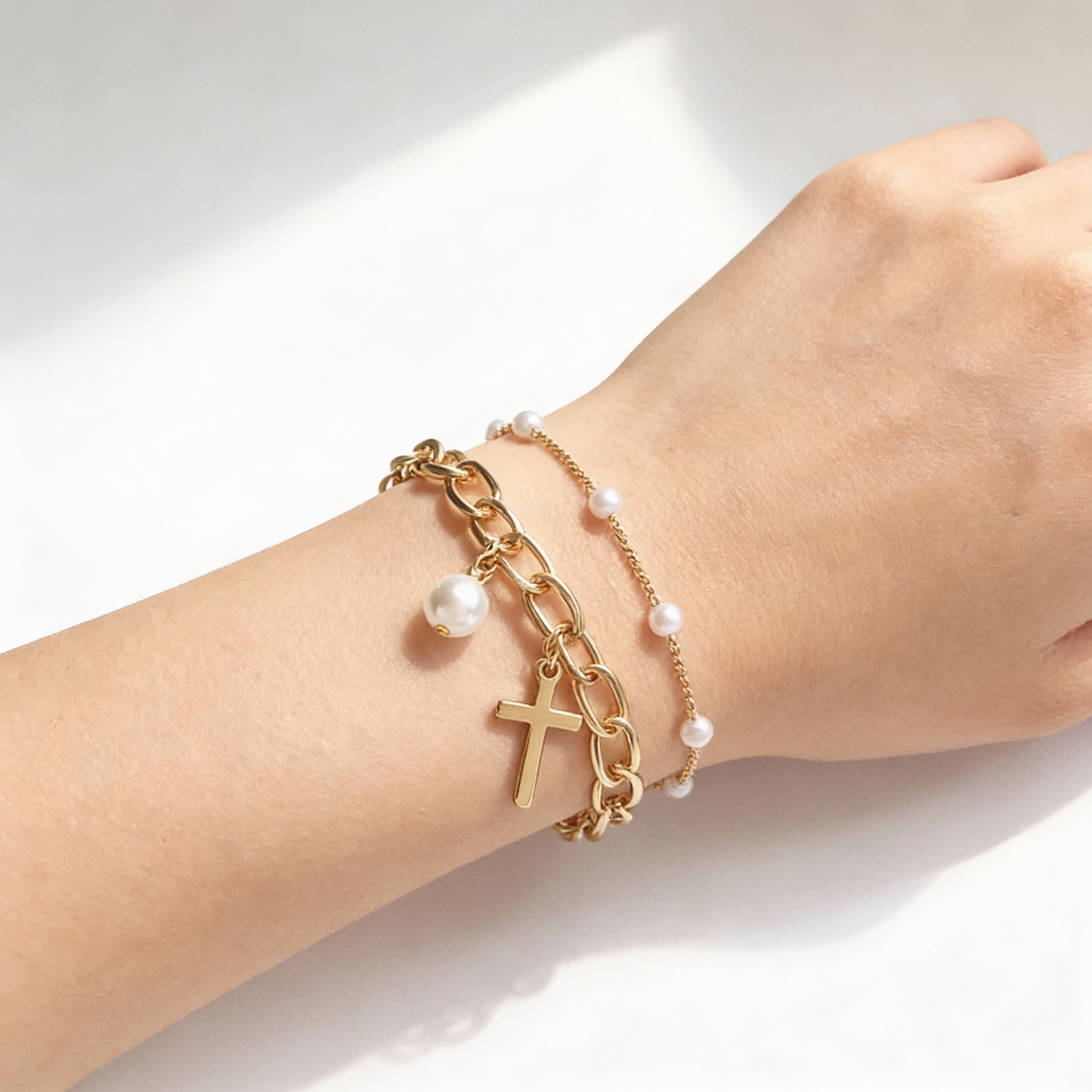 Set Bracciali Perle e Croce